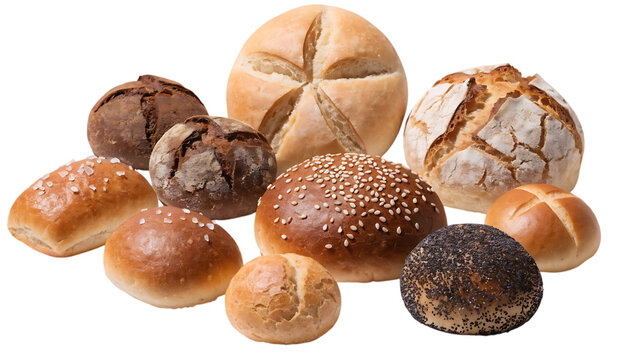 bread rolls small buns with shadow cut out isolated on 8k resolution transparent white background PNG. AI GENERATED.
