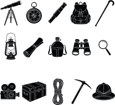 Vintage adventure travel and exploration equipment black glyph icon set vector collection   Vintage adventure travel and exploration equipment black glyph icon set vector collection
