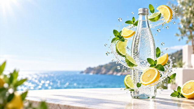 Sparkling water bottle surrounded by floating fresh citrus slices