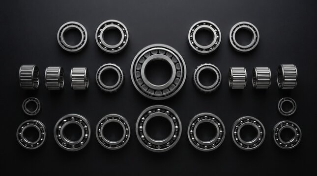 Industrial steel ball bearings arranged symmetrically on black surface