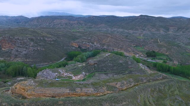 Aerial view from a drone of the Contrebia Leucade archaeological site in Aguilar del R&iacute;o Alhama, in the Cervera region. Autonomous Community of La Rioja. Spain. Europe
