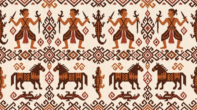 Indonesian Ikat Seamless Pattern with Armed Warrior Figures Horse and Lizard Gecko Motif on Cream Background, Sumba East Nusa Tenggara Traditional Textile Design