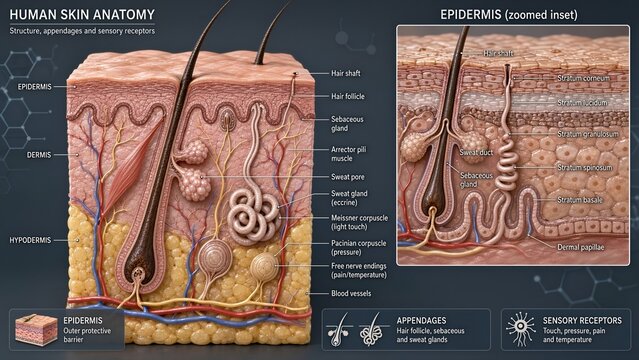 Dermatological educational illustration of a skin layer model showing subcutaneous tissue, sweat glands, and nerve receptors, featuring a magnified zoomed inset breaking down stratum corneum layers