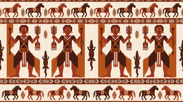 Indonesian Ikat Seamless Pattern with Fully Dressed Ceremonial Figures Holding Ritual Objects Horse and Lizard Motif on Cream Brown Background, Sumba NTT Textile