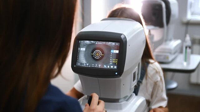 Female optometrist performs an eye test on a young girl using specialized equipment in a well-lit clinic environment