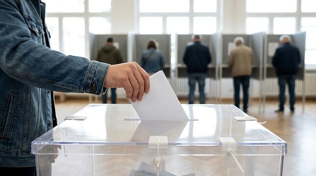Voter hand places ballot in clear ballot box at polling station with people voting in booths, representing democratic election process.