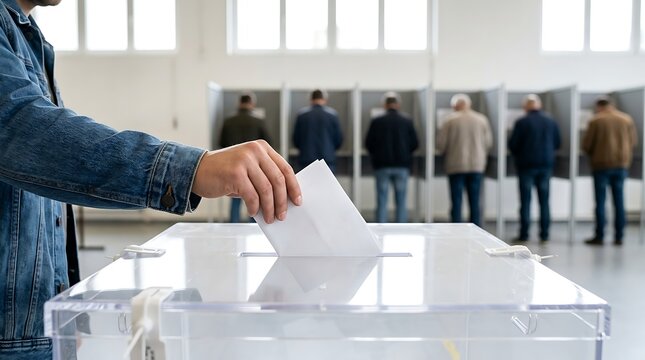 Voter hand places ballot in clear ballot box at polling station with people voting in booths, representing democratic election process.