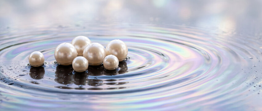 Milky pearls on a glossy wet surface with soft holographic ripples spr