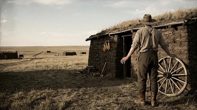 Pioneer man standing by rustic sod house in vast open landscape with wooden wagon wheel.