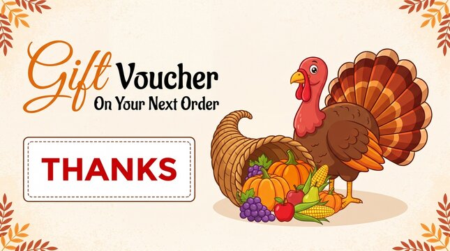 Thanksgiving gift voucher with promo code. Holiday coupon. Seasonal discount. Autumn leaves, acorns, berries, turkey, pumpkin, basket of apples. Special autumn offer. Flyer. Vector illustration