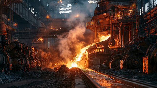 Molten iron pouring in a heavy industrial steel foundry at night