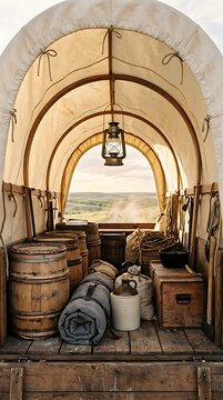 Covered wagon interior with wooden barrels and lantern overlooking rolling hills landscape.