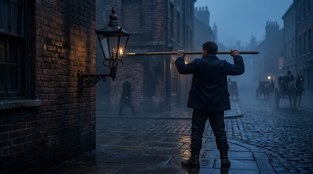 Victorian lamplighter igniting street lamp on foggy cobblestone alleyway in old city scene.