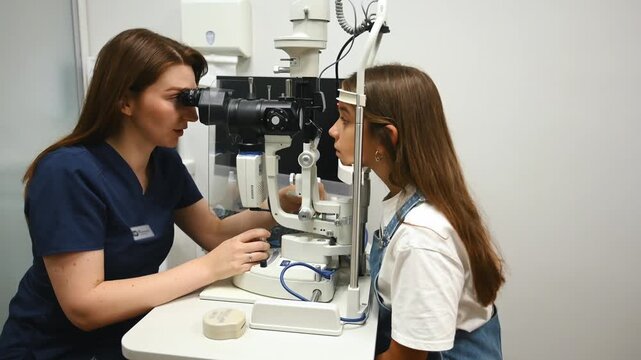 Young girl receives an eye exam from an optometrist using a phoropter in a well-equipped clinic, with various medical supplies in the background