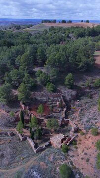 Aerial view from a drone of the so-called Sacristan's Castle in Ariza, in the Calatayud region of the province of Zaragoza, Castile and Le&oacute;n, Spain, Europe