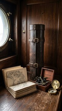 Vintage nautical navigation tools including brass sextant and leather telescope on desk.