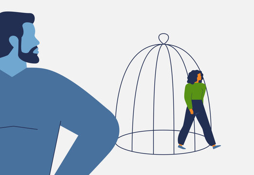 Stop Violence against women banner with strong woman stepping out of a cage and a man looking at her. Domestic abuse and sexual harassment. Vector illustration