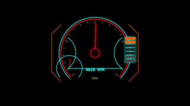 Futuristic digital car speedometer and tachometer interface with neon glowing blue and orange lights