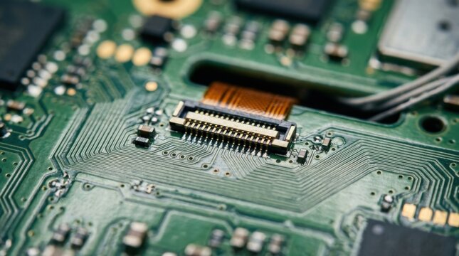 Extreme macro closeup of a smartphone internal ribbon cable connector and circuit board traces under magnification.