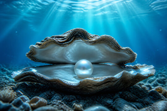 An open seashell with a pearl inside rests on the sandy seabed under bright blue ocean water.