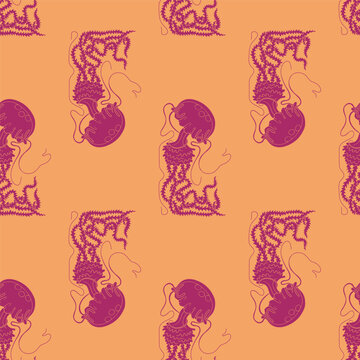 Seamless retro ocean damask pattern with deep plum purple jellyfish on warm apricot orange background. Whimsical Art Nouveau vector