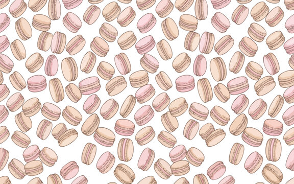 Macaron vector background, sweet pastry pattern and delicious french dessert illustration