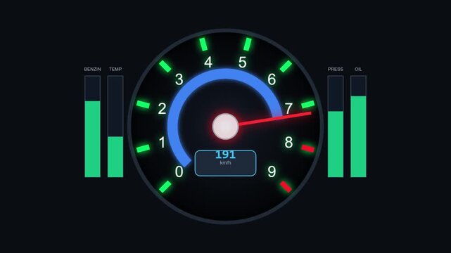 Modern digital car dashboard interface with speedometer and engine performance monitoring gauges