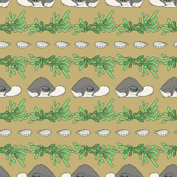 Seamless Art Nouveau marine pattern with gray sea turtles and green seaweed borders on sand beige background. Horizontal ornamental stripe nautical vector print for nursery decor