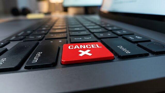 Red cancel button with white cross symbol highlighted on modern black laptop keyboard close up view