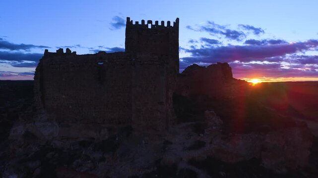 Aerial view from a drone of the castle of La Raya in Monteagudo de las Vicar&iacute;as, in the Las Vicar&iacute;as region of the province of Soria, Castile and Le&oacute;n, Spain, Europe