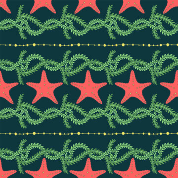 Seamless Art Nouveau marine pattern with red starfish and green sea moss borders on deep teal background. Horizontal ornamental stripe nautical vector print for summer nursery decor