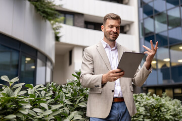 Confident businessman using digital tablet in front of modern office building © Novak