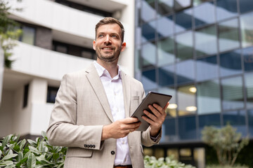 Confident businessman using digital tablet in front of modern office building © Novak