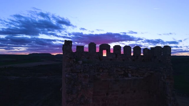 Aerial view from a drone of the castle of La Raya in Monteagudo de las Vicar&iacute;as, in the Las Vicar&iacute;as region of the province of Soria, Castile and Le&oacute;n, Spain, Europe