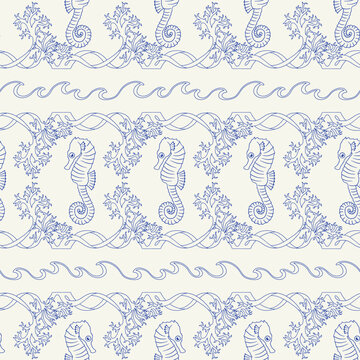 Seamless Art Nouveau marine pattern with cobalt blue seahorses and sea moss borders on cream background. High contrast horizontal stripe vector print for coastal decor and resort apparel