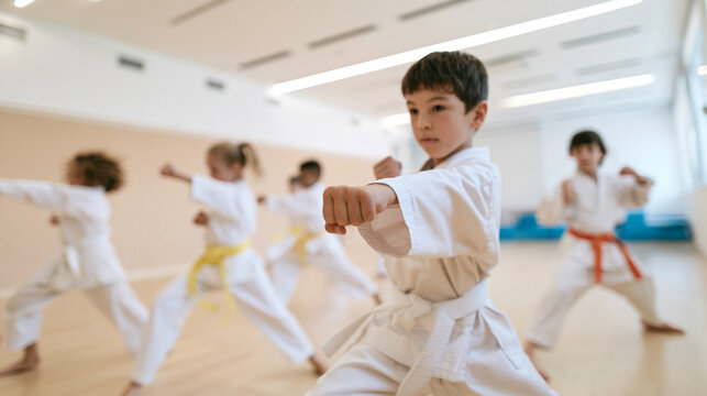 Motion Blur of Unknown Children Practicing Martial Arts in Karate Dojo
