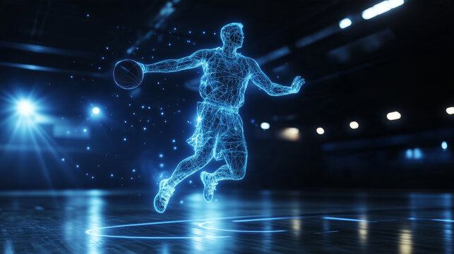 Futuristic basketball player dunking with glowing digital mesh and holographic light effects in a modern indoor stadium