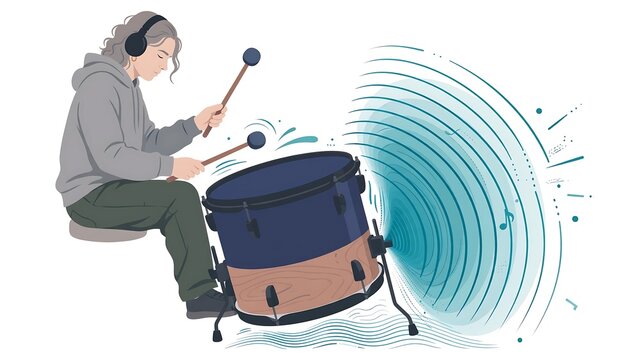 Drummer playing with sound waves on white background.