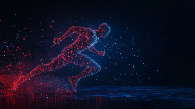 Futuristic digital running human figure made of glowing red and blue nodes and particles representing sports technology and data science