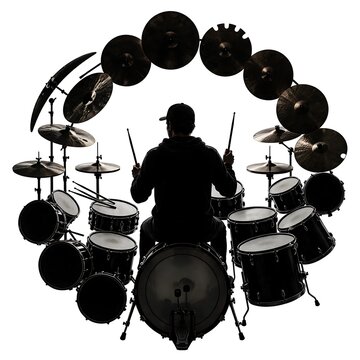 Drummer silhouette surrounded by cymbals white background.