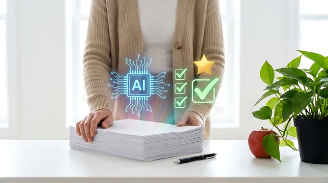 Professional woman with documents utilizing advanced AI and validation software features representing automated documentation checks and quality control systems.