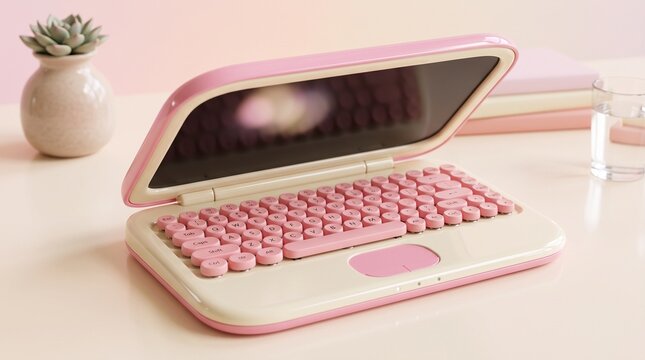 Pastel pink laptop with vintage-style keyboard on minimalist workspace for creative productivity
