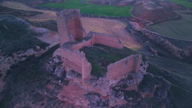 Aerial view from a drone of the castle of La Raya in Monteagudo de las Vicar&iacute;as, in the Las Vicar&iacute;as region of the province of Soria, Castile and Le&oacute;n, Spain, Europe