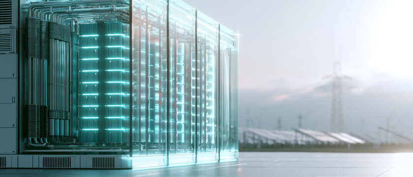 Futuristic large-scale data center with glowing blue servers and advanced cooling systems in a modern facility
