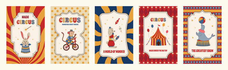 Set of five circus vintage posters in retro colors. Flat vector illustration. Horse, bunny in hat, elephant and dog in hand drawn style. For card, childrens event, background or invitation © Katrinka8888