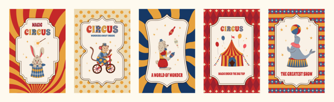Set of five circus vintage posters in retro colors. Flat vector illustration. Horse, bunny in hat, elephant and dog in hand drawn style. For card, childrens event, background or invitation