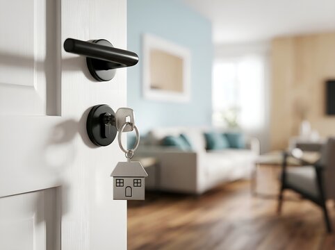 House key on door with security camera