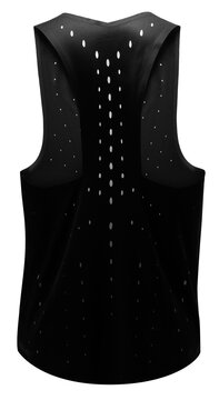 Back view of black sports tank top or running shirt isolated on white background. Breathable athletic shirt concept with clipping path for activewear catalog design.