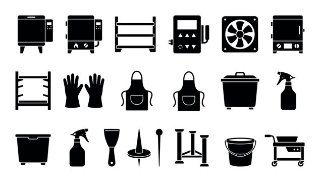 Ceramic workshop vector icons with electric kiln, gas kiln and temperature controller for UI design in silhouette style