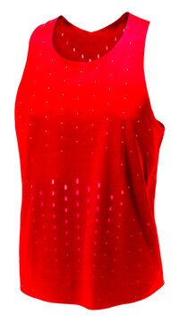 Front view of red sports tank top or running shirt isolated on white background. Breathable athletic shirt concept with clipping path for activewear catalog design.